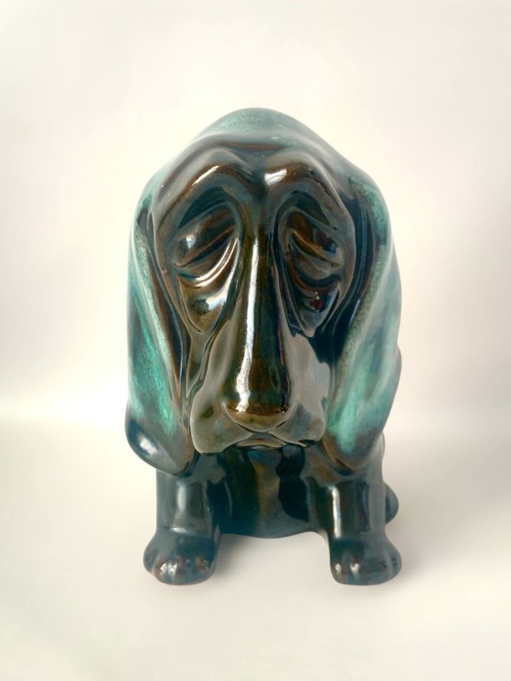 Vintage Canuck Pottery Coin Bank Evangeline Ware Green & Black Drip Glaze Basset